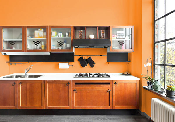 кухня с оранжевыми стенами